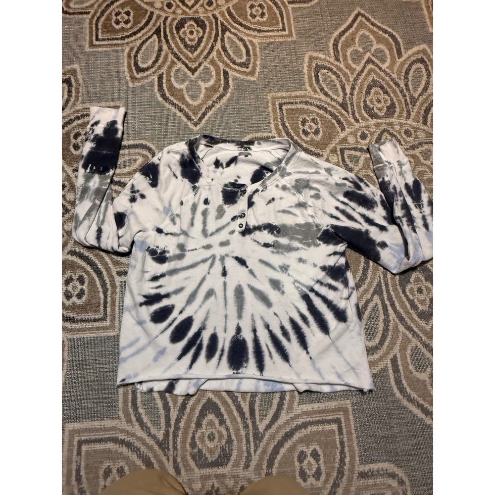 True Craft Womens XL Tie Dye Henley Long Sleeve Pullover Sweatshirt Black White